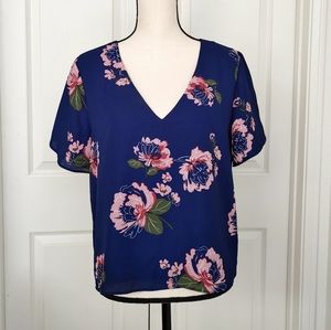 Deep V Floral Print Drapey Short Sleeve Tee